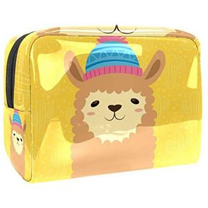 Draagbare make-up tas met rits reizen toilettas voor vrouwen handige opslag cosmetische zakje schattige alpaca dier geel