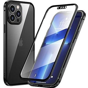 Compatible with iPhone 13 Pro Case,360 Degree Full Protection Front and Back Transparent Tempered Glass Cover Magnetic Adsorption Metal Bumper Case,[Integrated Camera Lens Protector],Black