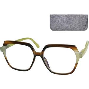 Mini Brille - Extra grote zeshoekige leesbril met licht montuur, sexy, doos inbegrepen, bril voor dames, Kleurrijk groen, 1.0