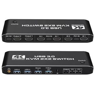 Videoschakelaar 2X2 HMI KVM-schakelaar 4K 60Hz Dual Monitor KVM HMI Uitgebreide weergave USB KVM-switcher 2 in 2 uit for 2 computers Delen 2 monitoren Livestream-schakelaar