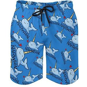 Blauwe Narwhal Zwembroek voor heren, bedrukte boardshorts, strandshorts, badmode, badpakken met zakken, L