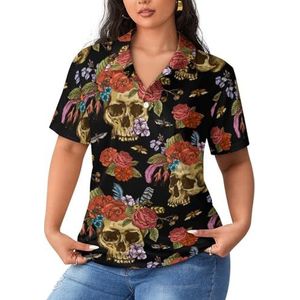 Skull And Flowers Day of The Dead dames sportshirt korte mouwen T-shirt golfshirts tops met knopen workout blouses