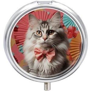 Ronde pillendoos kat met stropdas bedrukt 3 compartimenten kleine pillendoosje draagbare reispillencontainer om supplementen vast te houden vitaminen visolie medicatie