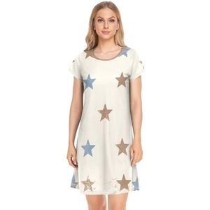 Nexawaveo Vintage Stars Beige dames nachthemd korte mouw nachtkleding comfortabele slaapshirts zachte loungewear S-XXL, Vintage Sterren Beige, S