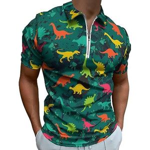Kleurrijke dinosaurussen op groene camouflage heren poloshirt golf T-shirt met rits korte mouw casual T-shirt spiertops M