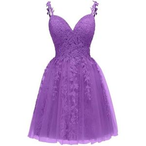 Spaghetti Bandjes Bruidsmeisjes Jurken voor Junioren Kant Applique Avond Cocktail Party Maxi Jurk Mini Lengte AH154, Paars, 32