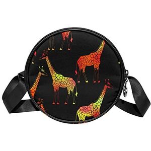 Ronde Crossbody Tas Messenger Bag Purse voor Vrouwen Oranje Geel Giraffen Patroon Zwart, Meerkleurig, 6.7x6.7x2.3 in, Sling Rugzakken