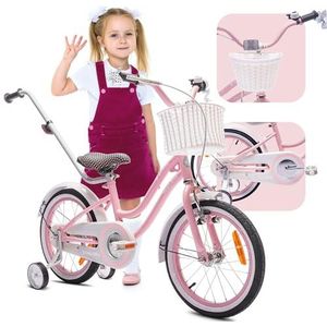 Heart Bike Fiets voor een meisje van 2 tot 6 jaar, 12, 14, 16 inch, met fietsbel, zijwieltjes, duwstang en stuurmandje (Roze, 16 inch)
