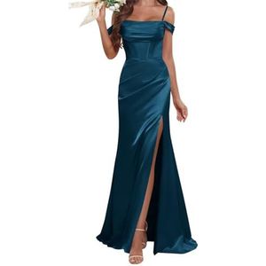 WSEYU Satijnen bruidsmeisjesjurk voor dames, met split, galajurken, plooien, cocktailjurk, grote maten, Turkoois, 32