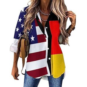 Vlaggen van de Verenigde Staten en Duitsland, casual shirt voor dames, button-down, lange mouwen, V-hals, blouse, tuniek voor leggings