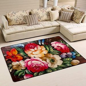 Vloerkleed 100 x 150 cm, pastelkleurige bloeiende roos bloem tapijt voor slaapkamer pluche vloertapijt grote kantoormatten, voor strand, binnen en buiten