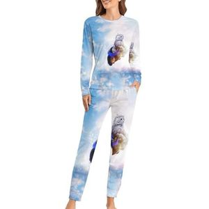 Grappige kat vliegende blauwe hemel zachte damespyjama met lange mouwen warme pasvorm pyjama loungewear sets met zakken M