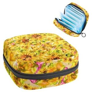 Maandverband Opbergtas, Menstruatiecup Pouch Tampon Bag, Menstruatie Pads Houder Organizer voor Vrouwen Meisjes, Geschilderd Geel Zonnebloem Kunst Creatief