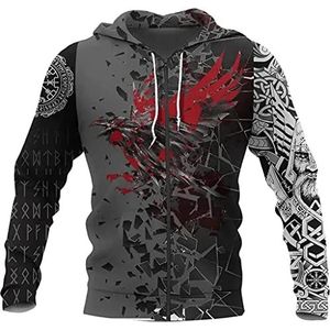 Heren 3D Gedrukt Viking Red Raven Odin Zip Hoodie, Unisex Loose Sweatshirt, korte mouw Tees Tops