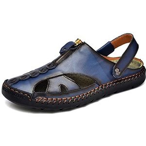 VGOLS Heren rits sport sandalen ademend outdoor visser schoenen verstelbare gesloten teen zomer lederen jurk instappers (kleur: blauw, maat: 9,5 UK)