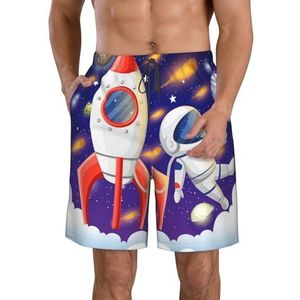 PHTZEZFC Universe Astronaut Rocket Galaxy Print Strandshorts voor heren, lichtgewicht, sneldrogend trekkoord zwembroek met zakken, Wit, M