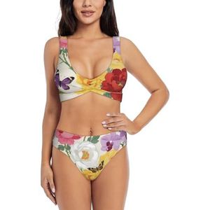 Zelinge Dames bikinisets sportief 2-delig badpak hoog getailleerd badpak S-XXL, Aquarel Bloemen Vruchten, S