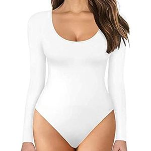 TOEECY Bodysuit voor vrouwen ronde hals lange mouw stretch gebreide jumpsuit sexy slank uitgaan turnpakje top basic effen bodycon T-shirts mode tops, Wit, XL