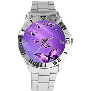 Paarse vlinders ontwerp analoog polshorloge quartz zilveren wijzerplaat klassieke roestvrij stalen band vrouwen mannen horloge