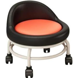 FXLUHAY Pedicure stoel multifunctionele lage ronde rolkruk met wielen make-up katrol kruk met rugleuning voor garage kapper bibliotheek salon kantoor (zwart en oranje)