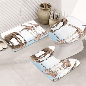 OPSREY Giraffe en olifant gedrukt 3 stuk badkamer tapijten set badkamer tapijten zachte voet en bad tapijten