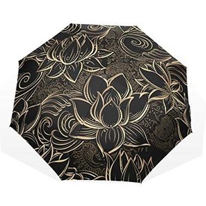 Rootti 3 Vouwen Lichtgewicht Paraplu Gouden Lotus Bloempatroon Een Knop Auto Open Sluiten Paraplu Outdoor Winddicht voor Kinderen Vrouwen en Mannen