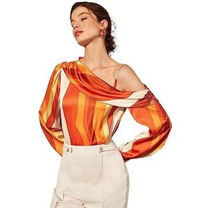 dames topjes Gestreepte blouse met asymmetrische hals en ruches (Color : Orange, Size : L)