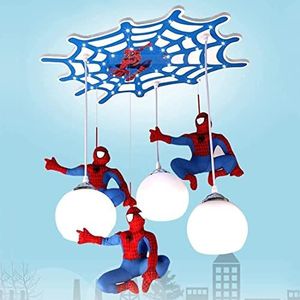 Spider-Man Hanglamp met ledverlichting, lampenkap, glas, ronde kroonluchter, slaapkamer, jongens, decoratieve plafondlamp, kinderhanglamp voor woonkamer, eetkamer, E27 x 3
