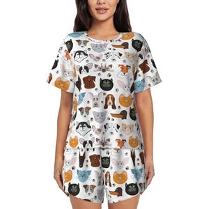 YQxwJL Kat En Hond Gezichten Bulldog Beagle Labrador Print Vrouwen Pyjama Sets Shorts Korte Mouw Lounge Sets Nachtkleding Casual Pjs Met Zakken, Zwart, XL