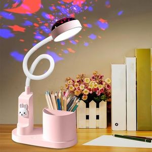 Bureaulamp voor kinderen: studielamp met sterrenhemelprojectie, USB-oplaadbare zwanenhals, tafellamp, dimbaar, led-bedlampje tafellamp met penhouder, bureaulamp led (roze)