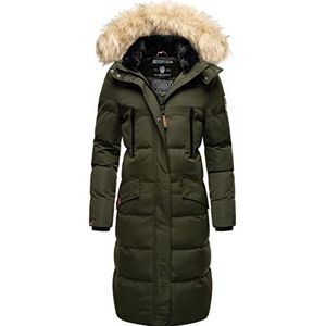 MARIKOO Sneeuwsterntje Winterjas voor dames, warme gewatteerde jas, lang met afneembaar kunstbont en capuchon, XS - XXL, olijf, S