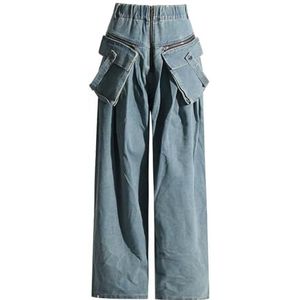 LoprNsdgt Oversized Cargojeans Voor Dames Geplooide Baggy Broek Met Elastische Taille En Grote Zakken,Blauw,L