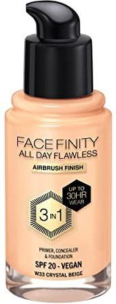 Max Factor Facefinity All Day Flawless Foundation - 3-in-1 concealer, Vloeibare foundation en Gezichtsprimer, Formule vegan, Blijft tot wel 30 uur zitten, SPF20 - W33 Crystal Beige, 30ml