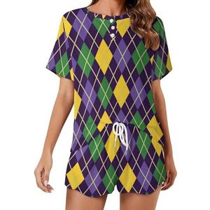 Groen en paars Mardi Gras abstract geometrisch patroon zachte damespyjama korte mouw pyjama loungewear met zakken cadeau voor thuis strand XL