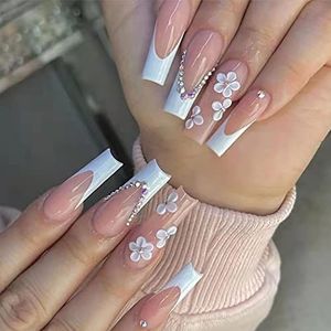 Coffin False Nails French Press on Nails Pink Long Stick on Nails Ballerina Acrylic Fake Nails 24pcs for Women and Girls(A)