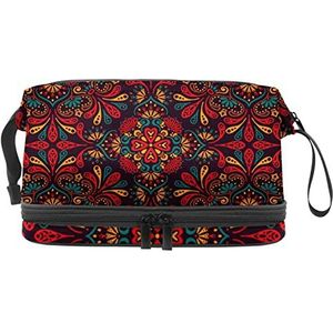 Grote capaciteit reizen cosmetische tas,Mandala rode psychedelische, make-up tas,Waterdichte make-up tas organisator, Meerkleurig, 27x15x14 cm/10.6x5.9x5.5 in