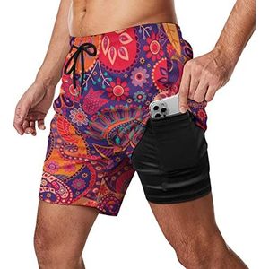 Rode Paisley Zwembroek voor heren, sneldrogend, 2-in-1 strandsportshorts met compressieliner en zak