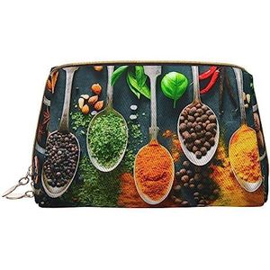 Specerijen Gedrukt Make-up Tas Reizen Make-up Organizer Cosmetische Borstel Zakken Case Lederen Make-up Case Rits Pouch Toilettas voor Vrouwen, Wit, Eén maat