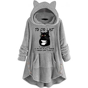 Hoodies dames schattige bovendelen Kawaii karikatuur pluche mantel herfst en winter pullover coats trui tops oversize bontjas capuchon mantel winter kat print, grijs, XX-Large,