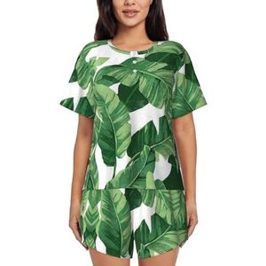 JIAWUJYNB Leuke groene palmbladeren print dames pyjama met korte mouwen - comfortabele korte sets, mouwen nachtkleding met zakken, Zwart, L