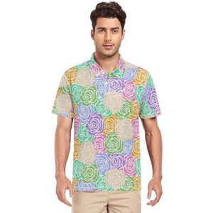 LI ZHI XIN Heren poloshirt korte mouwen werk T-shirt zomer top klassieke kraag sweatshirt met 2 knopen voor golf tennis outdoor sport kleurrijk rozenpatroon, Meerkleurig, S