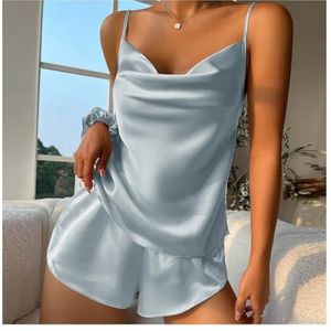 Effen satijnen pyjamaset Cami-top met V-hals en elastische tailleband Shorts Nachtkleding for dames Loungewear (Color : Light Blue, Size : S)