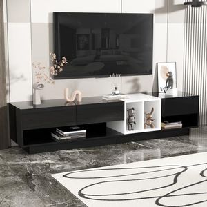 Aunvla TV-kast, laag paneel, hoogglans-zwart-wit combinatie. Kleurblokkerend ontwerp, laden, vakken en meerdere opbergruimtes.