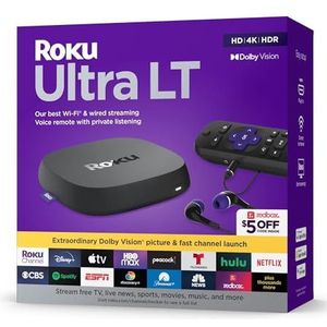 Roku Ultra LT (2023) HD/4K/HDR Dolby Vision Quad-Core streaming-speler met HDMI-kabel, hoofdtelefoon, spraakafstandsbediening met privé luisteren, Ethernet