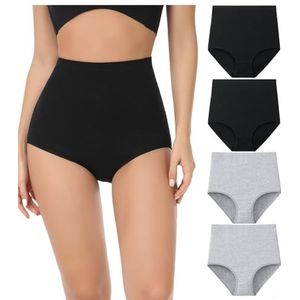 Wirarpa - Damesondergoed, rekbare katoenen slipjes met volledige dekking en een super-hoge taille, pakket van 4 slipjes, Zwart/Grijs, M