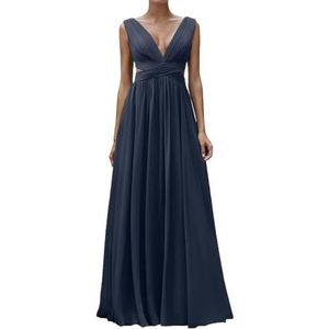 Diepe V-hals Prinses Bruidsmeisjes Jurken Chiffon Galajurken met Split Formele Avondjurk ZM195, Donkerblauw, 32