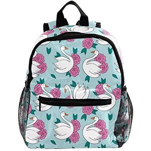 Leuke Fashion Mini Rugzak Pack Bag Happy Swan met Roze Bloem Patroon Blauw, Meerkleurig, 25.4x10x30 CM/10x4x12 in, Rugzak Rugzakken