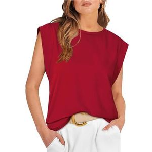 Dames zomerse katoenen tanktops met kapmouwtjes, basic T-shirts, casual tanktops met losse pasvorm(Burgundy,XXL)