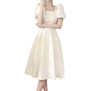 Maxi-jurk for dames Pofmouwen Vierkante hals Tuniek Damesjurk Korte mouw A-lijn Swing Elegante jurk(Color:White,32-33, 3435, 36-37, 38-39, 40-41, 42-43, 44-45, 46-47:S)