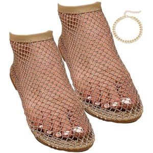 Glittery Stretchy Net Schoenen, Ultra Comfortabele Glanzende Gem Mesh Flats Lage Hak Slip Op Voor Vrouwen (Color : Beige, Size : 37 EU)